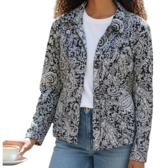 Tommy Hilfiger Shirt Women's size L black white paisley button-down long sleeve - Picture 1 of 5